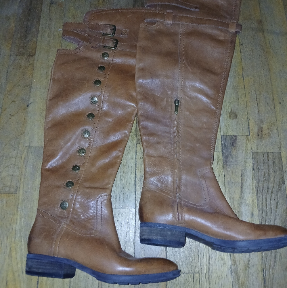 Anthropologie Sam Edelman Pierce OTK Button Military Boots Brown 7.5 Academia